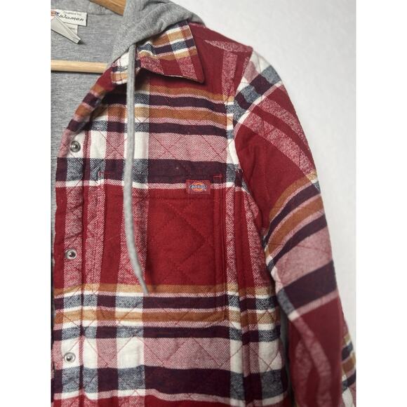 NWT Dickies Plaid Flannel Hooded Shirt Jacket Sz XS Womens Red Western Boho - Picture 3 of 14